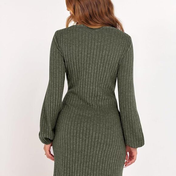 Women's Fall Dress Long Lantern Sleeves Ribbed Knit Tie Waist Mini Casual - Picture 5 of 7